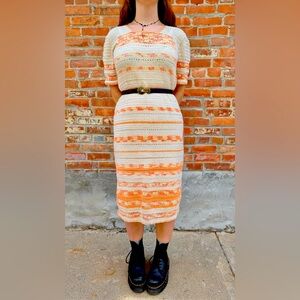 70s vintage 🧡 1970s Boho Bohemian Cream Striped Crochet Knit Dress med m hippie